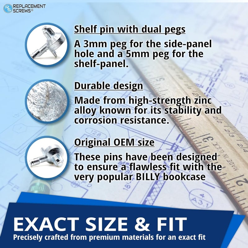 ReplacementScrews 8pcs Billy Bookshelf Pins/Pegs Compatible with IKEA Part 131372 - Zinc Alloy Die-Cast Shelf Supports - Image 3